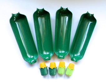 Vintage 1960's-70's Green and Yellow Plastic Corn Cob Figural Salt and Pepper Shakers and Dish Set! Cute!