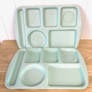 May include: Two light green plastic trays with multiple compartments. Each tray has a long rectangular compartment, two smaller rectangular compartments, a round compartment, and a small circular compartment.