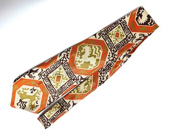 Vintage 1960's/1970's Wide Polyester Abstract Dragon Print Necktie by Vivien Dike - Groovy Design - Orange, Yellow & Brown!