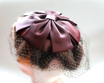 Vintage 1950s Womens Fur Hat with Brown Silk Bow and Birdcage Netting