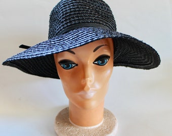 Vintage 1960s Womens Black Woven Straw Wide Brim Hat with Ribbon Bow
