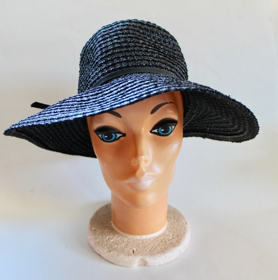 Vintage 1960s Womens Black Woven Straw Wide Brim Hat With  display picture 2