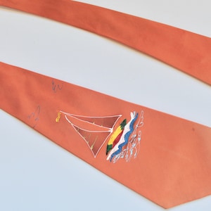 Vintage 1940s Hand Painted Necktie with Sailboat Design - Light Brown/Tan/Copper