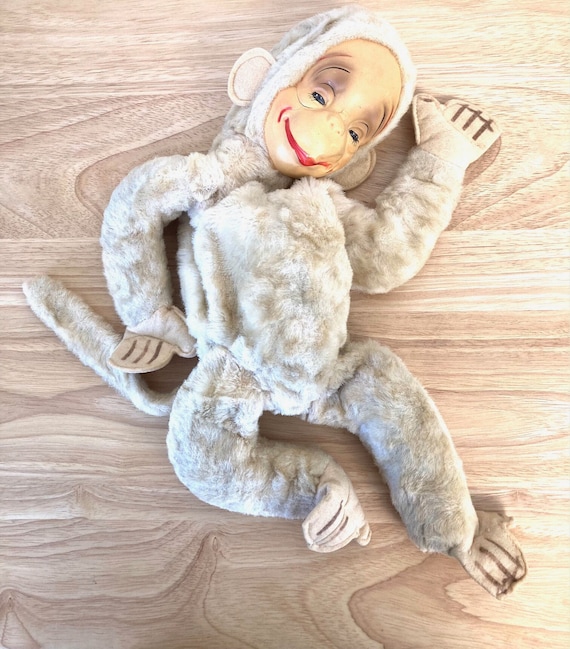 Vintage 1940's-50's Plastic Face Plush Monkey! Unusual and Rare