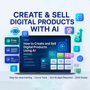 Puede incluir: Una pantalla de portátil muestra un curso titulado "Cómo crear y vender productos digitales con IA". La imagen incluye iconos y texto como "Curso gratuito", "Edición 2025" y "No se necesita experiencia".