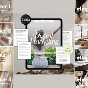 May include: Digital marketing playbook displayed on a tablet, with the title "The Faceless Digital Marketing Playbook." The image includes the Canva logo and the text "107 pages." Surrounding images show chapter titles like "Your Vision" and "Optimizing Your Profile."