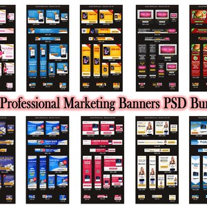 Könnte beinhalten: Eine Sammlung von 260 professionellen Marketing-Bannern in einem PSD-Bundle. Die Banner werden in verschiedenen Größen und Designs präsentiert und zeigen verschiedene Themen und Layouts für digitale Werbung und Werbematerialien.