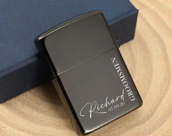 Encendedor negro grabado para padrinos de boda, encendedor de boda personalizado con estuche, encendedor con monograma, regalo para hombres, regalo para esposo, regalos de cumpleaños para el padrino