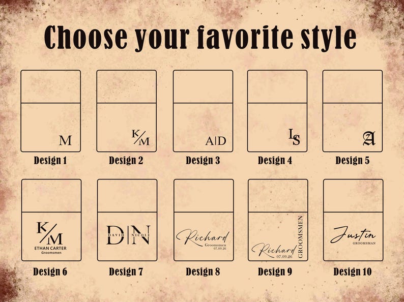 Puede incluir: Gr&aacute;fico con diez opciones de dise&ntilde;o para art&iacute;culos personalizados. Cada dise&ntilde;o presenta una forma rectangular con diferentes iniciales, nombres y texto, como "Elige tu estilo favorito". El fondo tiene una apariencia vintage y texturizada.