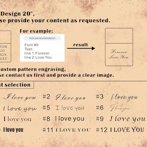 Puede incluir: Imagen con instrucciones para grabado personalizado, incluyendo selecci&oacute;n de fuentes y ejemplos de texto. El texto incluye frases como "Forever Love You" e "I Love You" en varias fuentes. La imagen tambi&eacute;n muestra un cuadro para dise&ntilde;o de logotipo o texto personalizado.