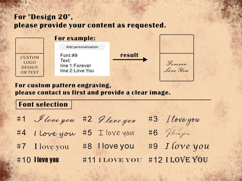 Puede incluir: Imagen con instrucciones para grabado personalizado, incluyendo selecci&oacute;n de fuentes y ejemplos de texto. El texto incluye frases como "Forever Love You" e "I Love You" en varias fuentes. La imagen tambi&eacute;n muestra un cuadro para dise&ntilde;o de logotipo o texto personalizado.
