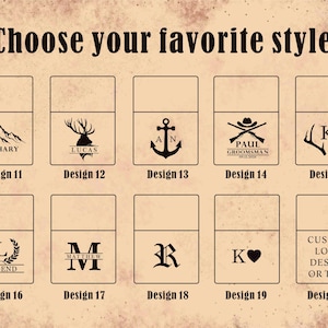 Puede incluir: Una selecci&oacute;n de opciones de dise&ntilde;o personalizadas, que incluyen monta&ntilde;as, ciervos, anclas, rifles cruzados y dise&ntilde;os de iniciales. La imagen tambi&eacute;n incluye el texto "Elige tu estilo favorito" y n&uacute;meros de dise&ntilde;o.