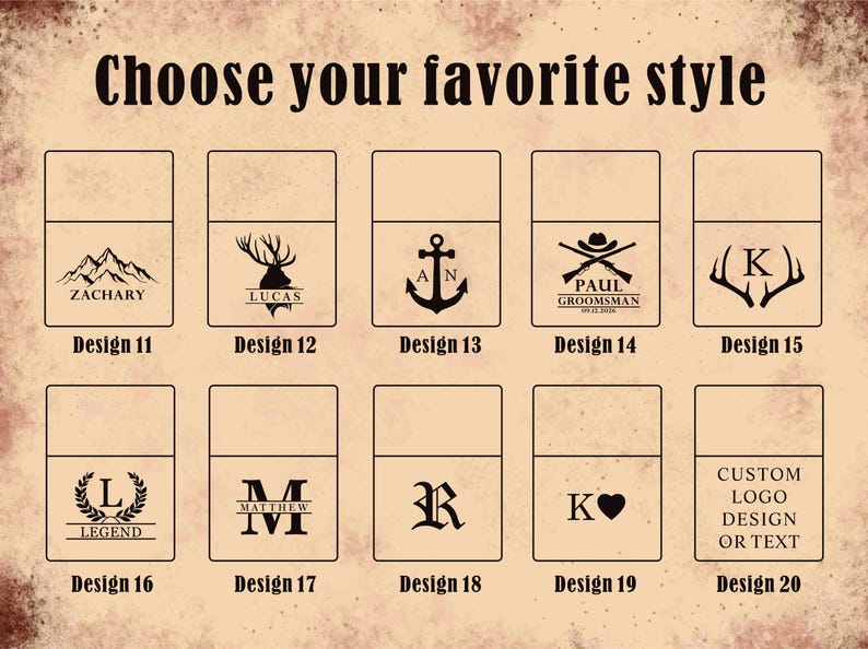 Puede incluir: Una selecci&oacute;n de opciones de dise&ntilde;o personalizadas, que incluyen monta&ntilde;as, ciervos, anclas, rifles cruzados y dise&ntilde;os de iniciales. La imagen tambi&eacute;n incluye el texto "Elige tu estilo favorito" y n&uacute;meros de dise&ntilde;o.