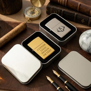 Puede incluir: Dos encendedores met&aacute;licos en latas abiertas, uno dorado y otro plateado. El encendedor dorado tiene el texto "CUSTOM LOGO DESIGN OR TEXT". El encendedor plateado tiene una "K" grabada con cuernos. Otros art&iacute;culos incluyen bol&iacute;grafos, una br&uacute;jula y un cigarro.