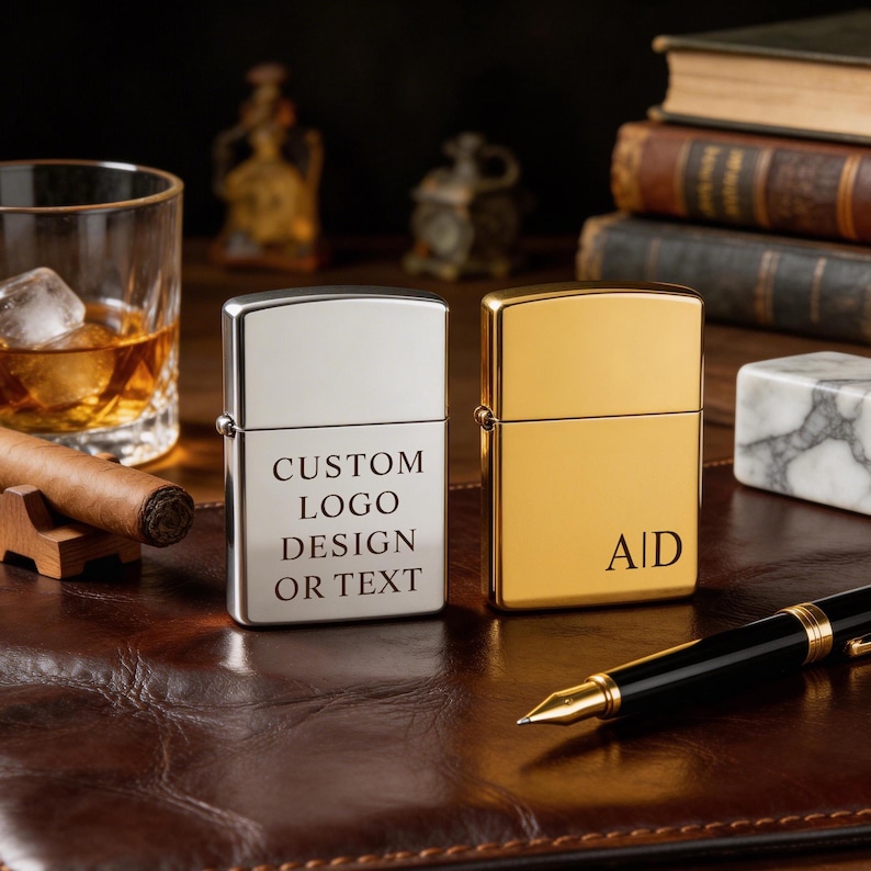 Puede incluir: Dos encendedores personalizados, uno plateado y otro dorado, se exhiben sobre una superficie de cuero. El encendedor plateado tiene el texto "CUSTOM LOGO DESIGN OR TEXT". El encendedor dorado tiene las iniciales "AID". Tambi&eacute;n se ven un vaso de whisky, un cigarro y un bol&iacute;grafo.