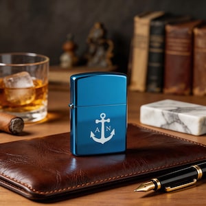 Puede incluir: Un encendedor de metal azul con un dise&ntilde;o de ancla blanco y las iniciales "A N". El encendedor est&aacute; sobre una superficie de cuero marr&oacute;n, junto a un vaso de whisky con hielo, un cigarro y un bol&iacute;grafo.