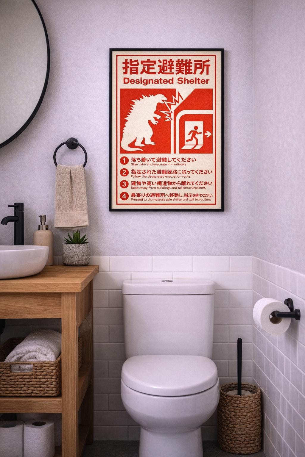 Godzilla Emergency Evacuation Sign Japanese Monster Attack Poster ...