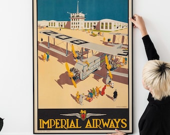 Vintage British Airways Poster (1929) – Imperial Airways Art Deco Travel Print, Classic Airline Advertising 16x20 FRAMED