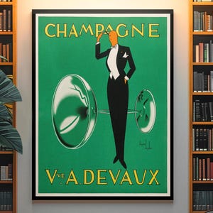 Op de afbeelding: Vintage champagne-advertentieposter met een groene achtergrond en gele tekst met de tekst "CHAMPAGNE" en "V.V.E. A. DEVAUX". De poster toont een gestileerde illustratie van een persoon in smoking die een champagneglas vasthoudt.