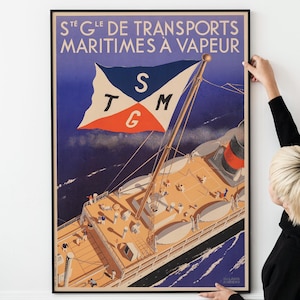 Póster vintage de viajes marítimos franceses: Impresión mural de un transatlántico clásico (descarga imprimible)