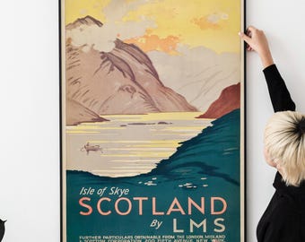 Póster de viaje vintage de la isla de Skye, Escocia, década de 1930: Impresión clásica del ferrocarril de las Tierras Altas de Escocia