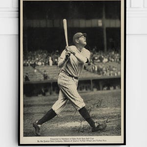 May include: Black and white framed print of a baseball player in a pinstripe uniform swinging a bat. The print includes the text "Presented to Members of Babe Ruth Base Ball Club By the Quaker Oats Company, Makers of Qualier Puffed Wheat and Puffed Rice."