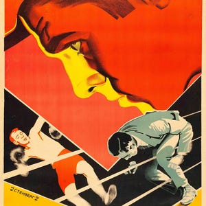 May include: A vintage Soviet film poster with striking colours. A large, stylized face dominates the top, set against a red background. Two figures in athletic poses are depicted below. Russian text is present.