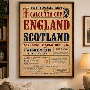 Cartaz da Taça de Calcutá de 1938 entre Inglaterra e Escócia, arte para o jogo de rugby em Twickenham.