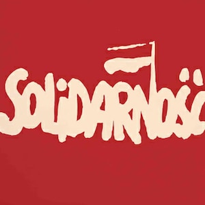May include: A red background with the Polish word "Solidarność" in a cream-colored, stylized font. A cream-colored flag is above the word. The image is a graphic design.