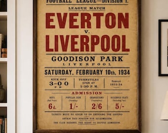 1934 Merseyside Football Derby Poster Vintage Soccer Prints