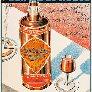 Op de afbeelding: Vintage Spaanse advertentie voor Raigdor Gran Licor, met een gestileerde fles en een gevuld glas. De poster bevat Spaanse tekst, met een opsomming van verschillende likeuren en de locatie Barcelona. Het kleurenpalet omvat oranje, rood en blauw.