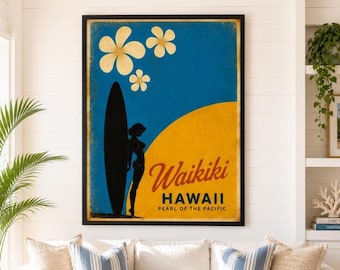 Waikiki Hawaii Pearl of the Pacific Poster – Vintage Hawaiian Surf Wall Art