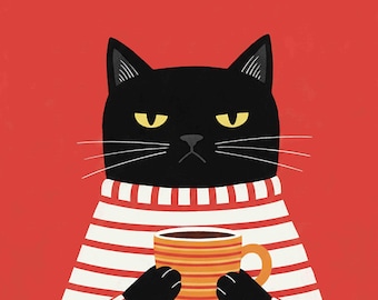 Grumpy Black Cat with Coffee Print – Humorous Feline Illustration Poster