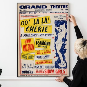 Póster de teatro cabaret francés de los años 50: arte vintage de espectáculo burlesco, pin-up retro