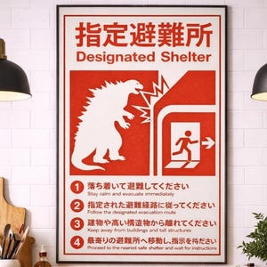 Könnte beinhalten: Gerahmtes rotes und weißes "Designated Shelter" Poster mit japanischem Text und englischer Übersetzung. Es zeigt eine Godzilla-ähnliche Kreatur und Evakuierungsanweisungen. Das Poster hängt in einer Küchenumgebung.