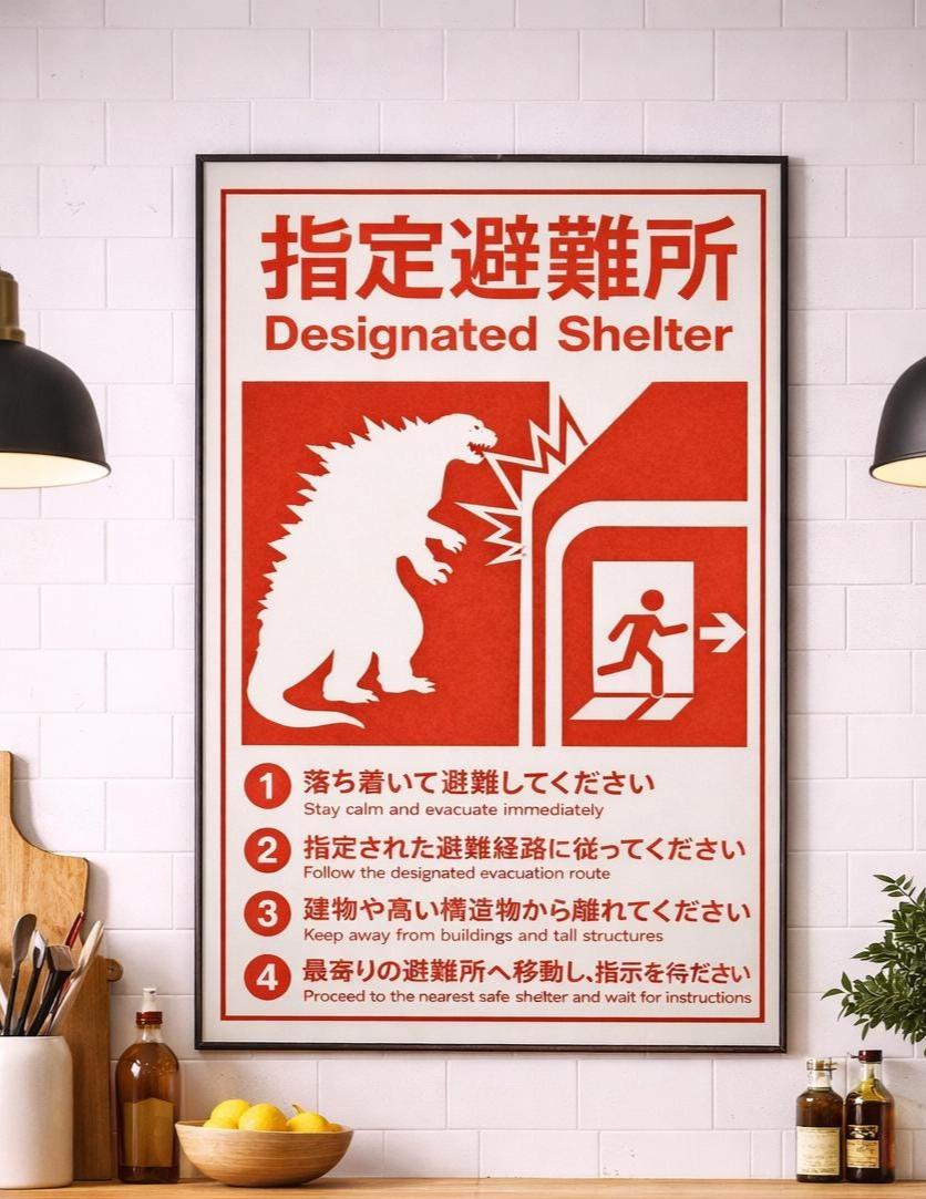 Godzilla Emergency Evacuation Sign Japanese Monster Attack Poster ...