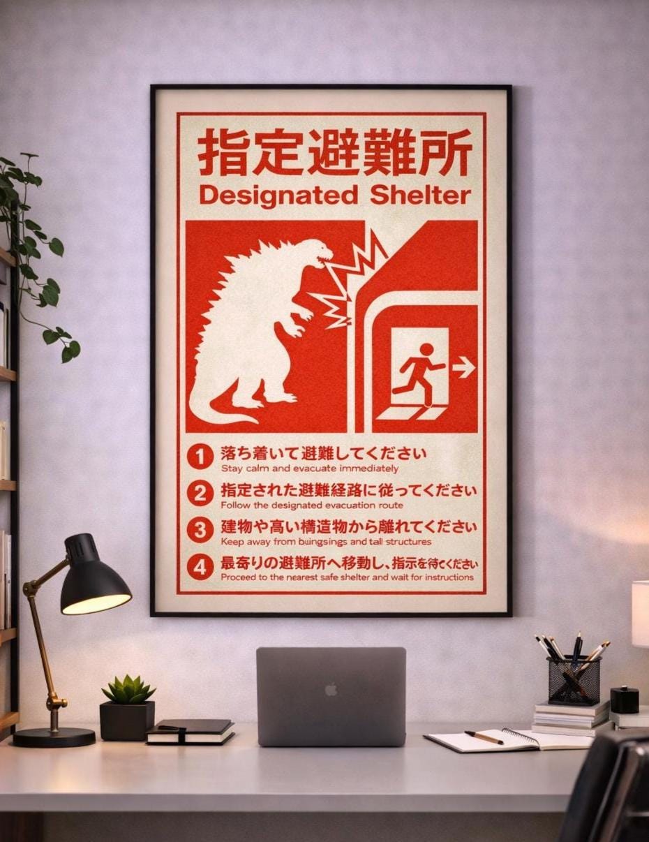 Godzilla Emergency Evacuation Sign Japanese Monster Attack Poster ...