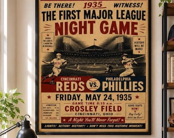 Reds vs Phillies 1935 Night Game Poster – Vintage Baseball Print