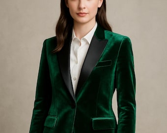 Emerald Green Velvet Women’s Suit | Luxury Single Breasted Blazer & Pants Set | Evening Tuxedo Outfit | Wedding Guest and Party Wear