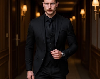 Men’s Classic Black 3 Piece Suit | Slim Fit Formal Tuxedo | Luxury Tailored Wedding & Party Outfit