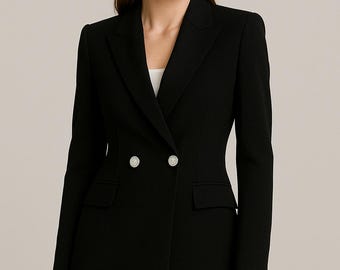 Women’s Black Designer Pantsuit with White Buttons – Luxury Blazer & Pant Set | Business Elegant Outfit | Two-Piece Suit for Women