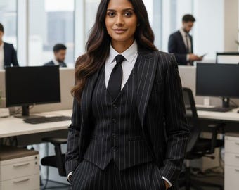 Traje de raya diplomática negra para mujer / Traje de negocios de 3 piezas a medida para mujer / Traje ejecutivo de oficina / Traje formal a medida
