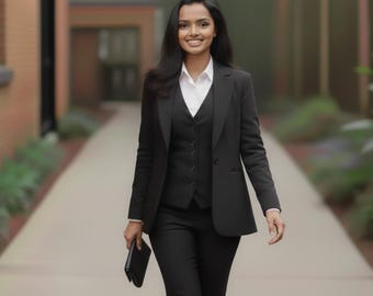 Women’s Black Three Piece Tuxedo Suit | Tailored Blazer, Vest & Pants | Power Suit for Weddings, Work or Formal Events
