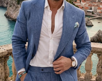 Men’s Light Blue Linen Suit, Summer Wedding Suit for Men, Beach Groom Outfit, Slim Fit 2 Piece Suit, Destination Wedding Attire