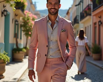 Pink 2-Piece Men's Suit – Slim Fit Blazer & Trousers Set, Wedding Groom Attire, Formal Pink Tuxedo