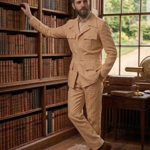May include: A tan safari suit with a belted waist and multiple pockets. The suit is worn with a light-colored shirt and brown leather shoes. The person is standing in a library with bookshelves filled with books.