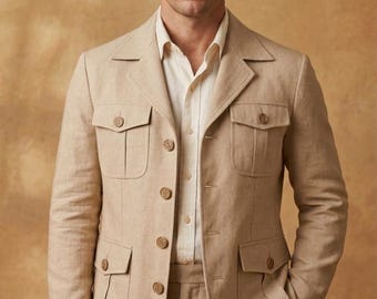 Mens Linen Safari Suit Set, Tan Khaki Summer Suit, 2 Piece Bush Jacket & Trousers, Breathable Linen Outfit, Classic Safari Style Menswear