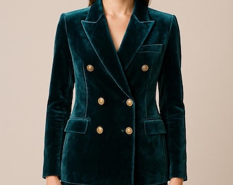 Women’s Velvet Double Breasted Suit – Teal Green 2 Piece Blazer & Pants Set | Luxury Velvet Formal Outfit | Party And Evening Wear