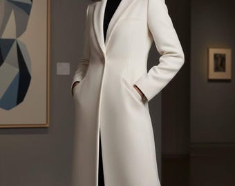 Women’s Ivory Long Tailored Coat | Elegant Minimalist Winter Overcoat | Luxury Formal Outerwear