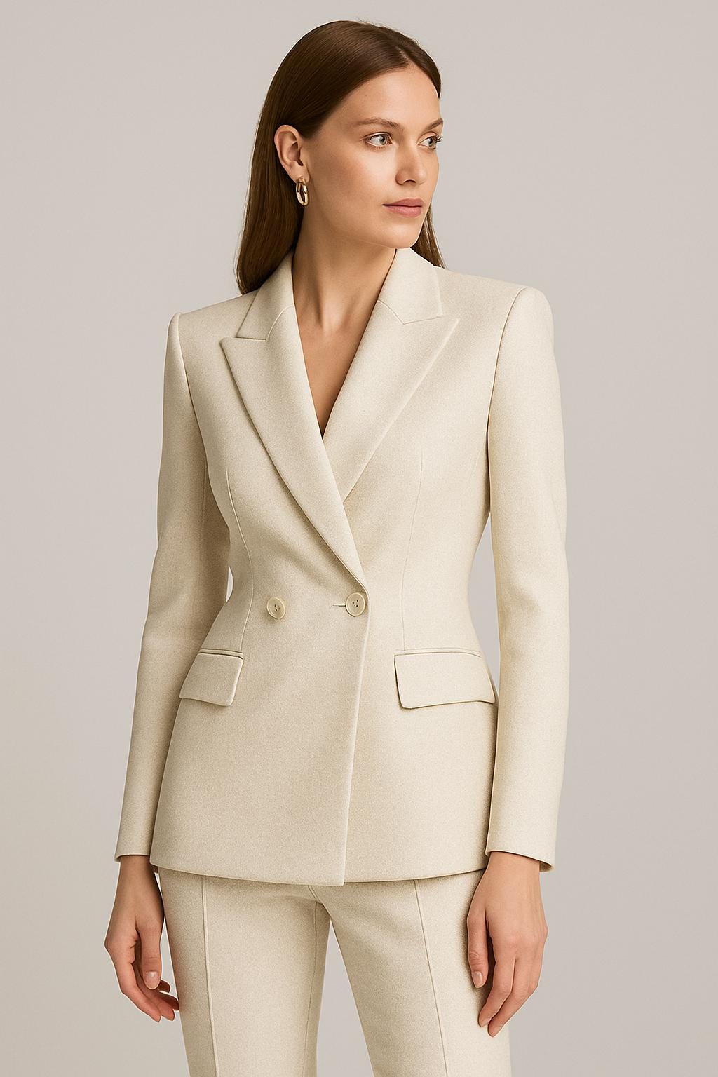ladies cream color dress pants Women's Designer Pantsuit Set – Luxury Double-breasted Coat Pant | Tailored Suit | Wedding Guest Outfit | Elegant Two-piece Suit feb2022